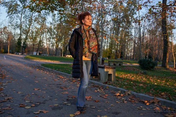 Kirli ceketli şık bir kadın ve renkli bir eşarp. Sonbahar parkı yolunda yaprakları dökülmüş yürüyor.