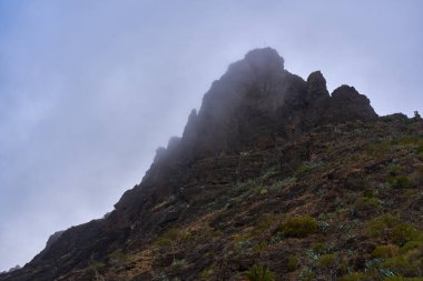 İkonik bir Tenerife manzarası sabah sisi ile çevrili keskin bir dağ sırtı sergiliyor..