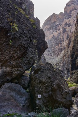 Karanlık mağaranın içinden, yamaçlarda bitki örtüsüyle açılan Masca vadisi uçurum oluşumlarının görüntüsü