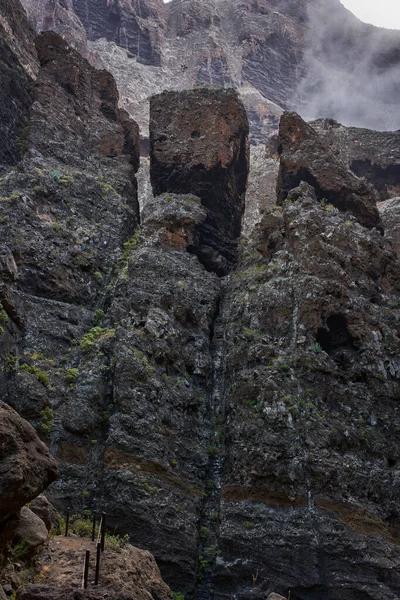 Büyük dikey volkanik kaya duvarı, mağara açıkları ve sisli Masca geçidi ile kaplı yosun yüzeyi.