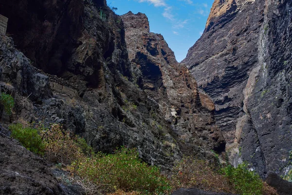 Karanlık mağaranın içinden, yamaçlarda bitki örtüsüyle açılan Masca vadisi uçurum oluşumlarının görüntüsü