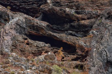 Los Gigantes kayalıklarının yıpranmış volkanik kaya oluşumlarında bitki örtüsü ve okyanus manzaralı mağaralar açılıyor.