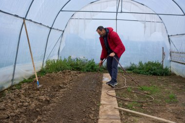 Kırmızı ceketli orta yaşlı bir adam. Plastik tünel serasının içinde hortumla yeni sürülmüş toprağı suluyor.