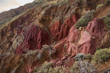 Tenerife 'nin Anaga Dağları' ndaki dik bir vadide bulunan kırmızı ve koyu volkanik kaya oluşumları seyrek çalılık bitki örtüsüyle