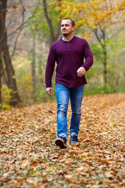 Kaukasier geht im Wald spazieren — Stockfoto