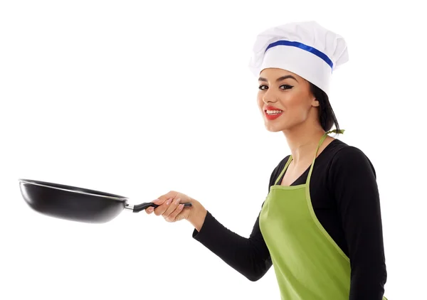 Hispanic lady cook with frying pan — Stock Photo, Image