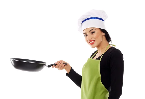 Hispanic lady cook with frying pan — Stock Photo, Image