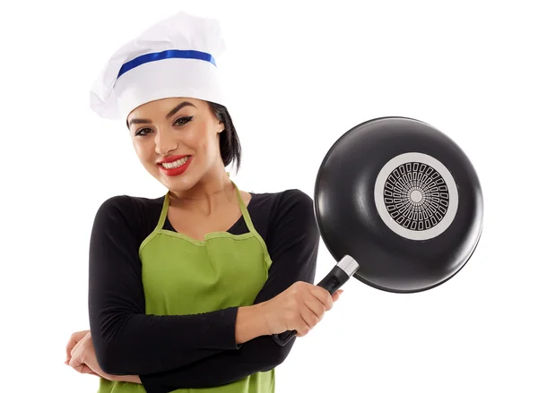 Hispanic lady cook with frying pan — Stock Photo, Image