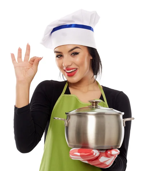 Vrouw chef-kok Ok teken maken — Stockfoto