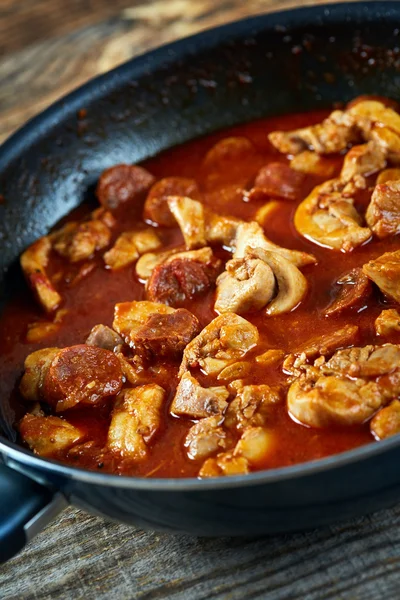 Chicken meat in the frying pan — Stock Photo, Image