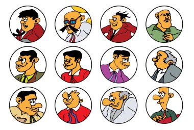 Çizgi film suratları. Komik yüz ifadeleri, karikatür duyguları.