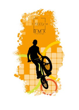 Aktif adam. Soyut spor arka planında BMX sürücüsü, vektör.