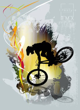 Aktif adam. Soyut spor arka planında BMX sürücüsü, vektör.