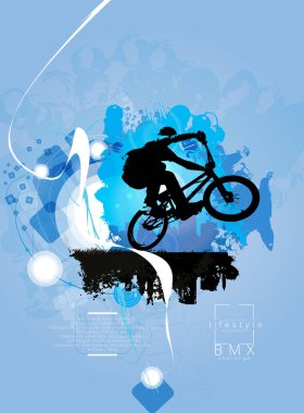 Aktif adam. Soyut spor arka planında BMX sürücüsü, vektör.