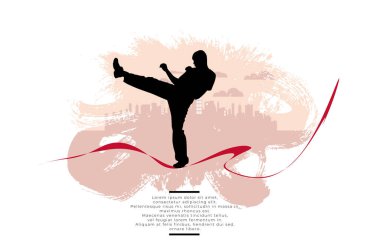 Genç erkek karate savaşçısı. Poster veya afiş için spor arkaplanı hazır, vektör.