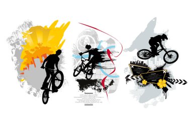 Aktif gençler bisiklet üzerinde numaralar yapıyor, ekstrem spor konsepti. Poster veya afiş için spor arkaplanı hazır, vektör.