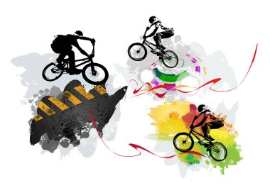Aktif gençler bisiklet üzerinde numaralar yapıyor, ekstrem spor konsepti. Poster veya afiş için spor arkaplanı hazır, vektör.