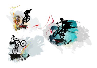 Aktif gençler bisiklet üzerinde numaralar yapıyor, ekstrem spor konsepti. Poster veya afiş için spor arkaplanı hazır, vektör.
