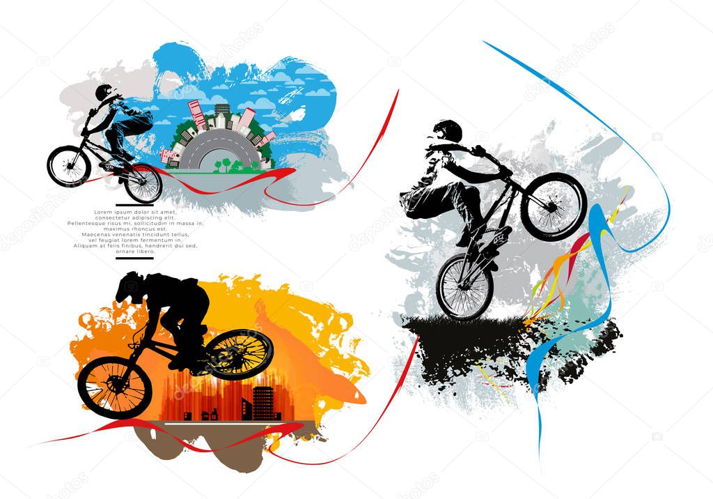 Active young men doing tricks on a bicycle, extreme sport concept. Sport background ready for poster or banner, vector.