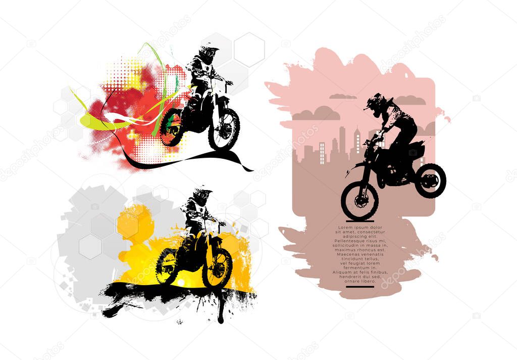Sport background with active man riding motobike ready for internet banners, social media banners, headers of websites, vector illustration 