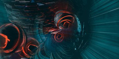 Soyut teknoloji iletişim konseptinin 3 boyutlu çizimi. Grafiksel soyut arkaplan