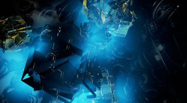 Soyut teknoloji iletişim konseptinin 3 boyutlu çizimi. Grafiksel soyut arkaplan