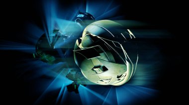 Soyut teknoloji iletişim konseptinin 3 boyutlu çizimi. Grafiksel soyut arkaplan