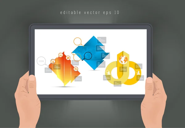 Manos sosteniendo tableta digital — Vector de stock