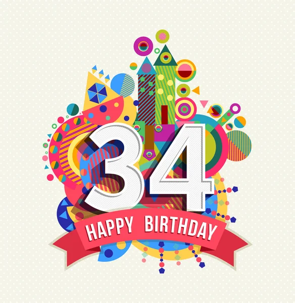 Feliz cumpleaños 34 año tarjeta de felicitación cartel color — Vector de stock