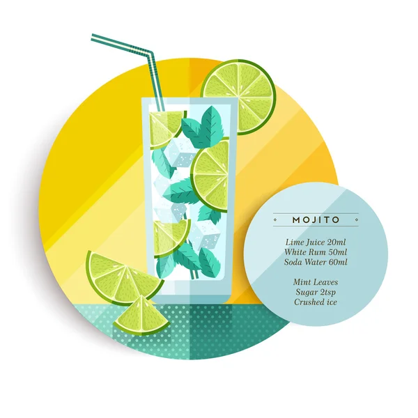 Düz sanat Mojito kokteyl içecek tarifi tasarımı — Stok Vektör