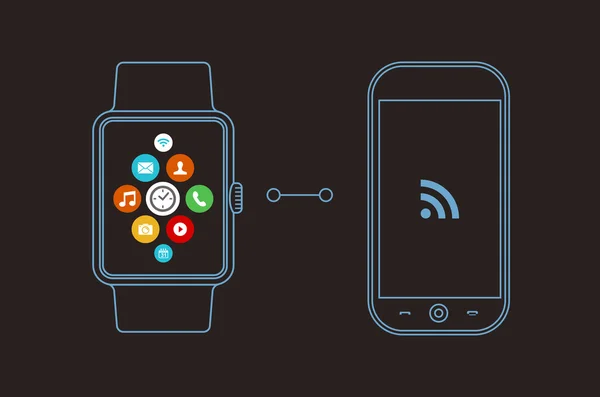 Slimme horloge en telefoon concept ontwerp met app-pictogram — Stockvector