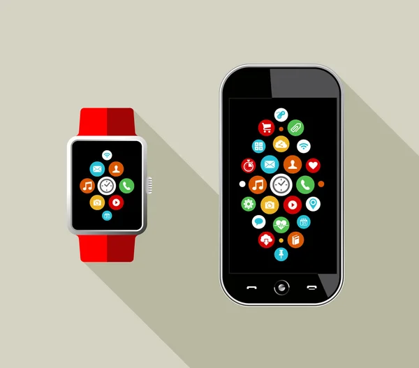 Montre intelligente et téléphone portable dans un style d'art plat — Image vectorielle