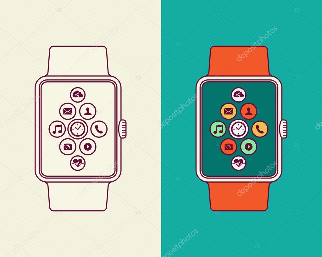 Smart watch designs in line art and outline style