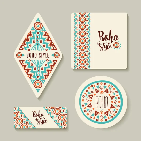 Boho style sticker or tags set with tribal art — Stock Vector