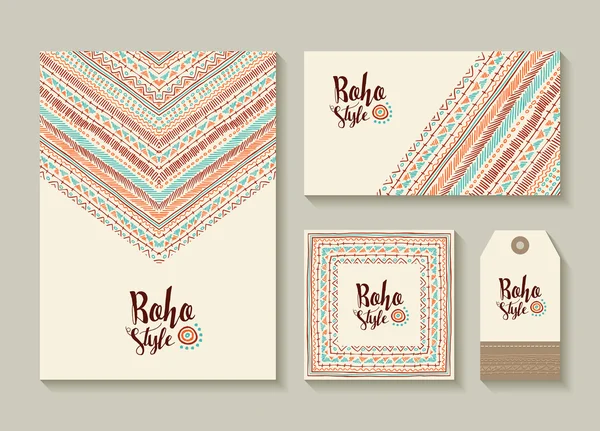 Boho style card and tag designs with colorful art — Stock Vector