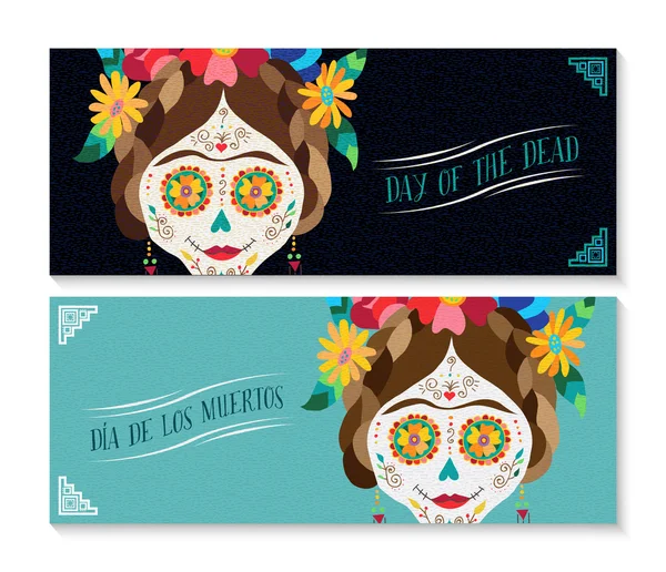 Dia de los muertos banner set com crânio feliz — Vetor de Stock