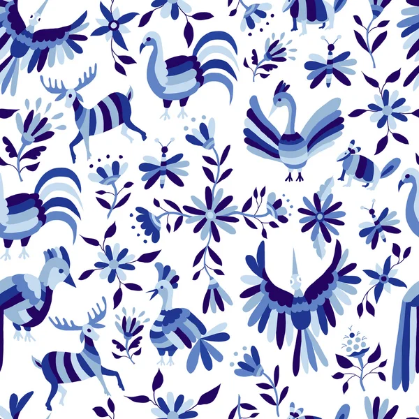 Modèle d'animal et de fleur en couleur bleu indigo — Image vectorielle