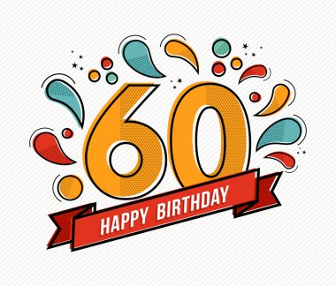Colorful happy birthday number 60 flat line design clipart