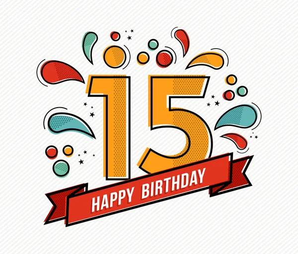 Joyeux anniversaire coloré numéro 15 conception de ligne plate — Image vectorielle
