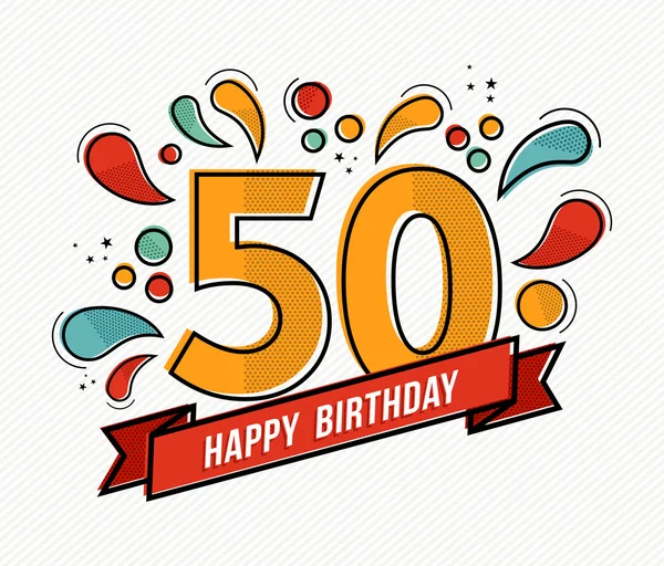 Colorido feliz cumpleaños número 50 diseño de línea plana — Vector de stock