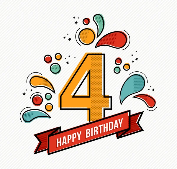 Барвистий щасливий день народження номер 4 дизайн плоскої лінії — стоковий вектор