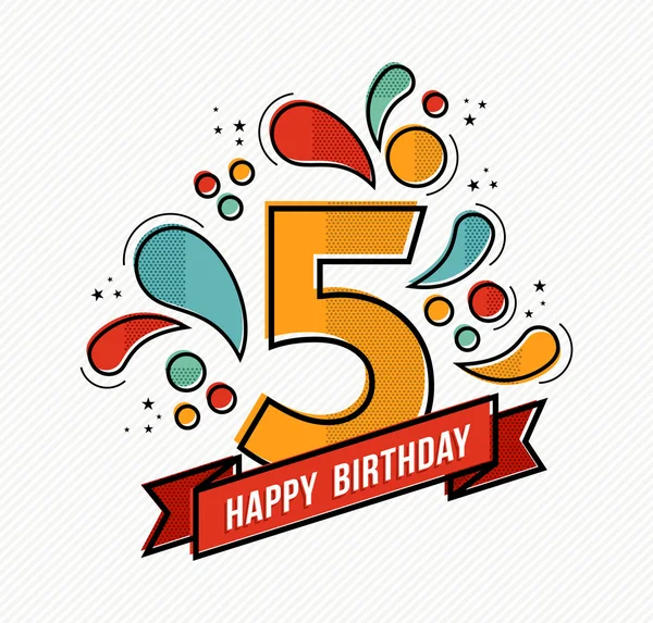 Colorido feliz cumpleaños número 5 diseño de línea plana — Vector de stock