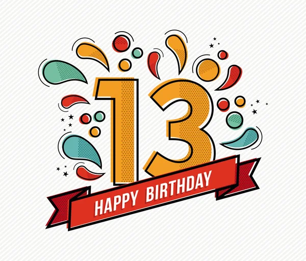 Joyeux anniversaire coloré numéro 13 conception de ligne plate — Image vectorielle