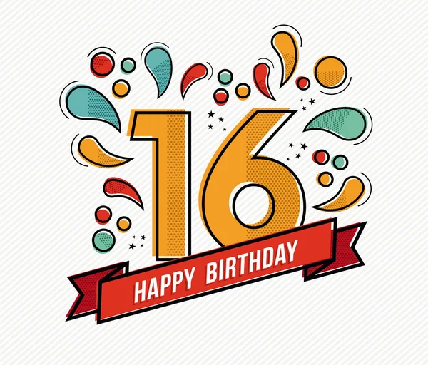 Colorido feliz cumpleaños número 16 diseño de línea plana — Vector de stock