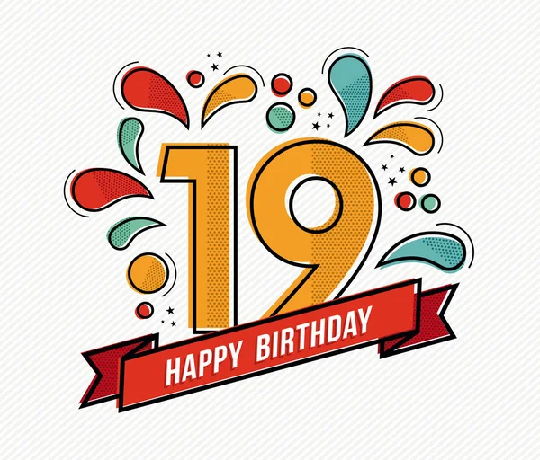 Barevné Veselé narozeniny číslo 19 rovné linie designu — Stockový vektor
