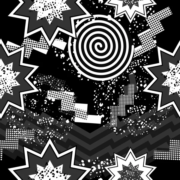 80s pop art seamless pattern in black and white — Stock Vector