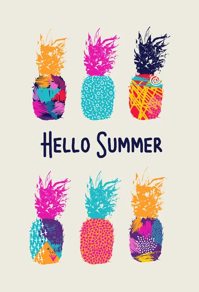 Hello summer color pineapple design in 80s style — Stock Vector