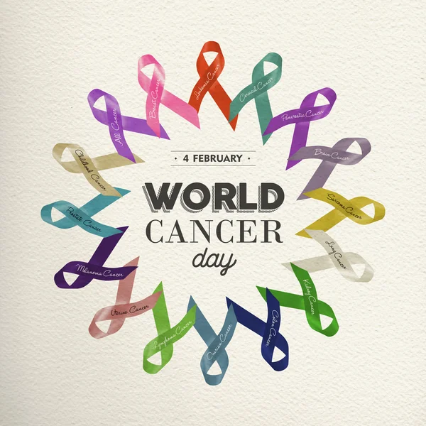 Παγκόσμια ημέρα καρκίνου σχεδιασμό με ευαισθητοποίηση κορδέλλες — Φωτογραφία Αρχείου