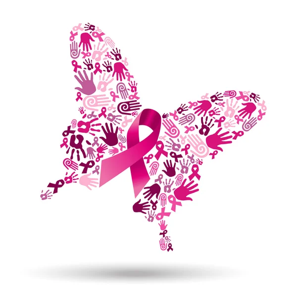 Rosa fjäril med handavtryck för bröstcancer — Stock vektor
