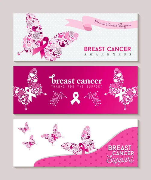 Breast cancer awareness butterfly ribbon banners — Stock Vector